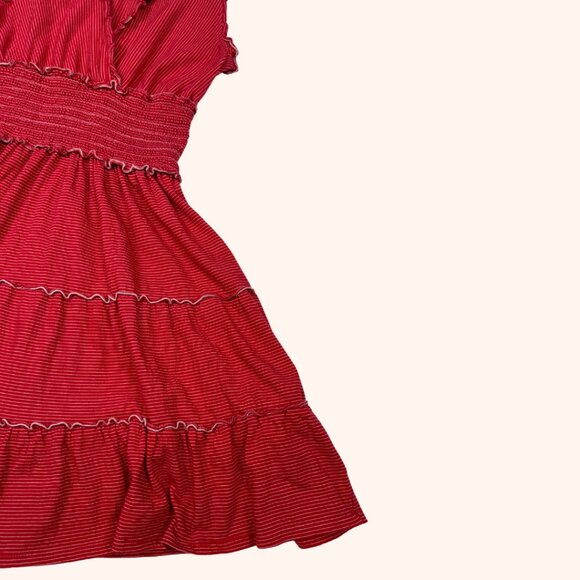 Max Studio Red Striped Frilly V Neck Tiered Mini Dress Smocked Waist - Picture 3 of 6